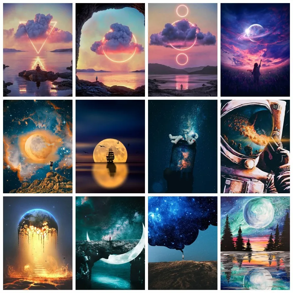 

AZQSD Landscape Picture By Numbers Space Moon 40x50cm Framed Handmade Oil Painting Drawing On Canvas Home Decor Gift Acrylic