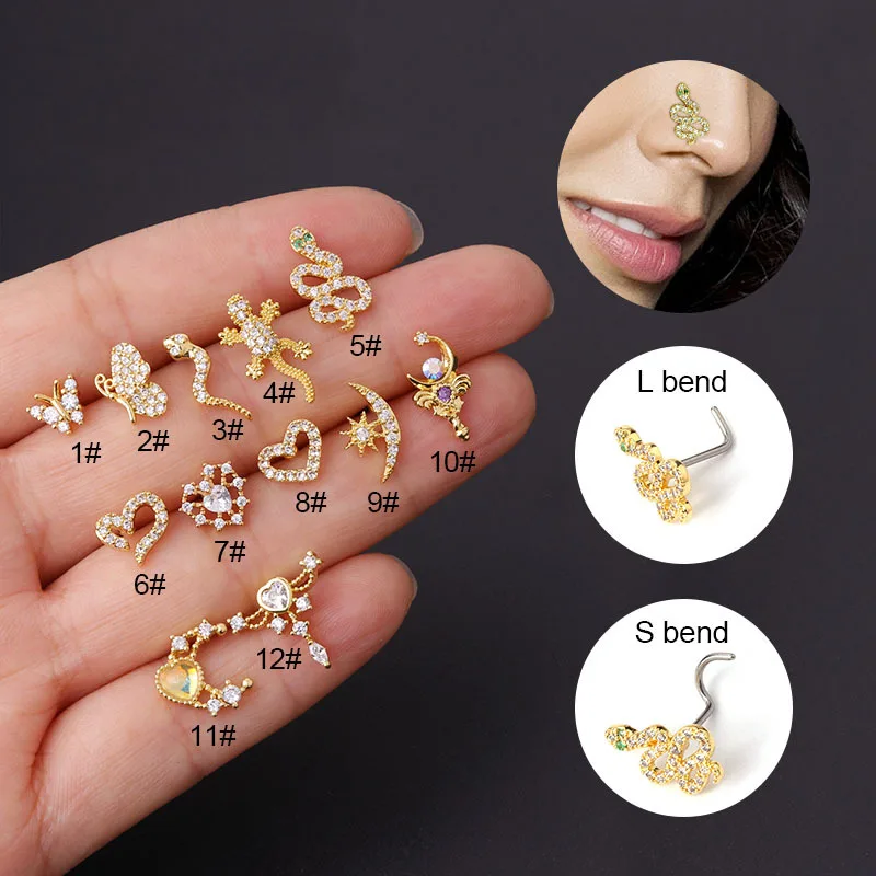 

20G Stainless Steel Piercing Nose Studs L Shape Bow Flower Zircon Nostril Piercing Nose Ring Cuff Goth Body Jewelry For Women