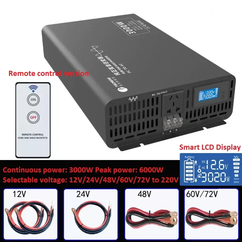 

Преобразователь постоянного тока в переменный ток 3000 Вт, автомобильный инвертор постоянного тока 12 В, 24 В, 48 В, 60 в, 72 в переменный ток 220 В, инв...