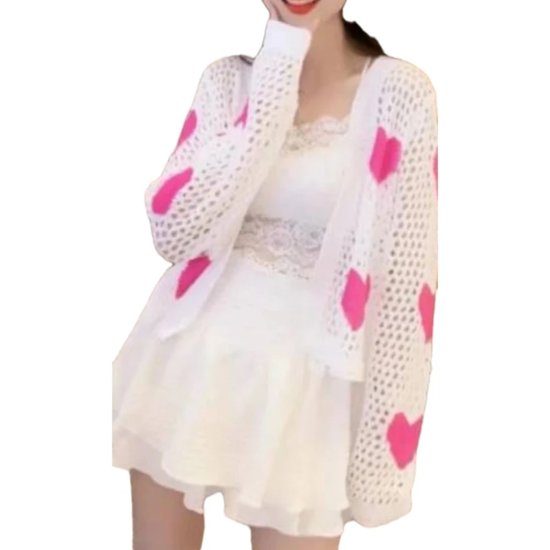 

Womens Crochet Cardigan Sweater Sweet Heart Oversized Summer Open Front Outwear