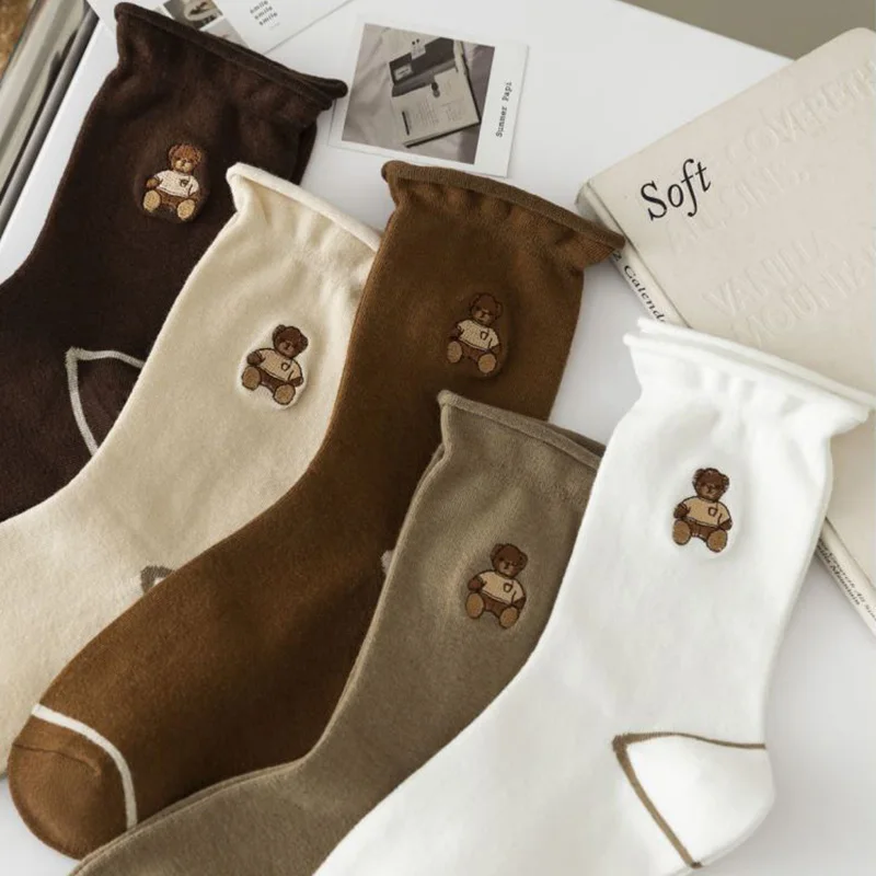 5 Pairs Animal Embroidery Kawaii Socks Women Cartoon Bear Cotton Winter Long Socks Fashion Street Style Lady Sokken Chaussettes