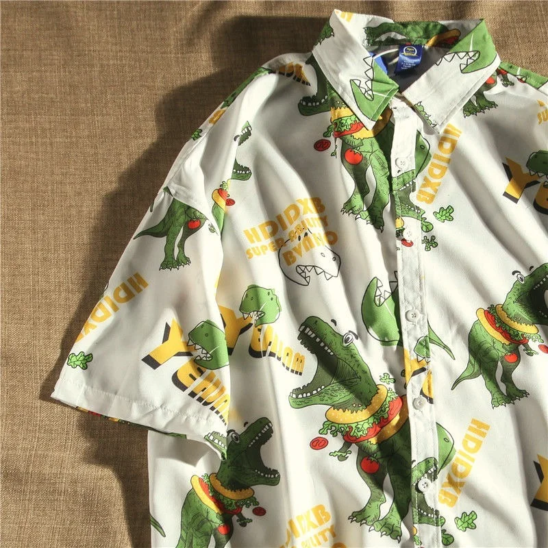 

Beach Style Cartoon Cute Dinosaur Button Up Shirt Streetwear Unisex Short Sleeve Oversized Tops Summer Large 2XL Japanese Kawaii