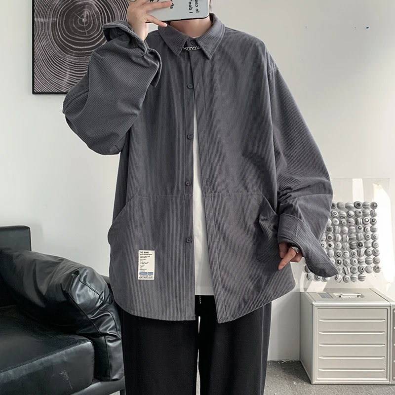 

Рубашка мужская Вельветовая с длинным рукавом, свободная однотонная модная блузка с лацканами в Корейском стиле, модная брендовая рубашка в стиле Харадзюку