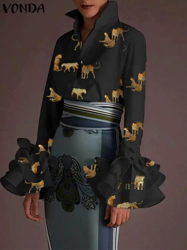 

2022 Fashion Tiger Printed Blouse VONDA Summer Women Long Sleeve Ruffled Bohemian Party Shirts Buttons Casual Loose Blusas Femme