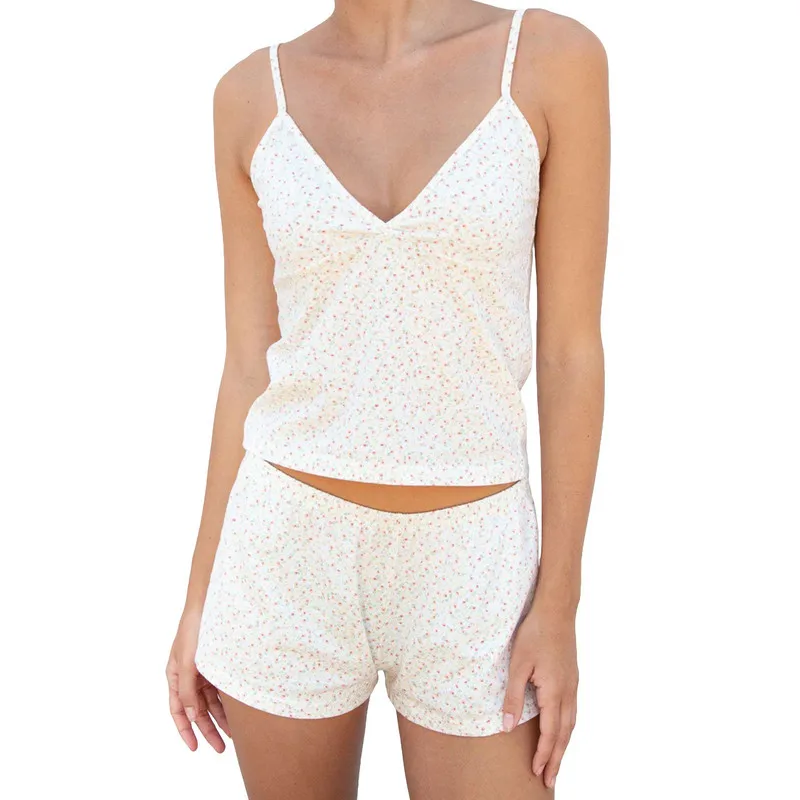 

Женская одежда для сна, комплект с шортами, летняя одежда, топ с цветочным принтом и V-образным вырезом и шорты, комплект из 2 предметов, женская одежда, уличная одежда