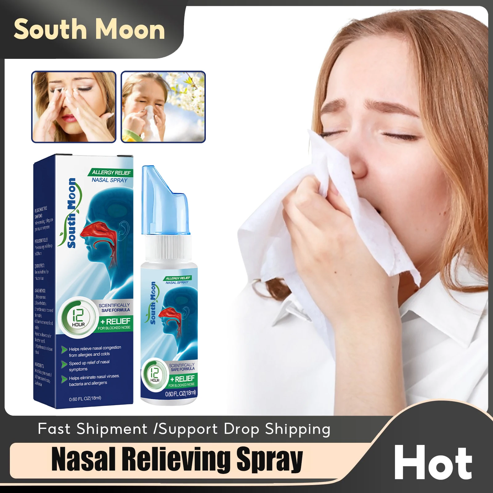 

South Moon Nasal Treatment Spray Itching Anti Sneezing Clean Relieve Nose Rhinitis Cure Allergic Sinusitis Herb Care Spray 18ml