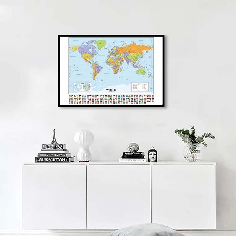 

84*59cm The World Map Political Map with National Flags Wall Poster Spray Canvas Painting Classroom Home Decor School Supplies