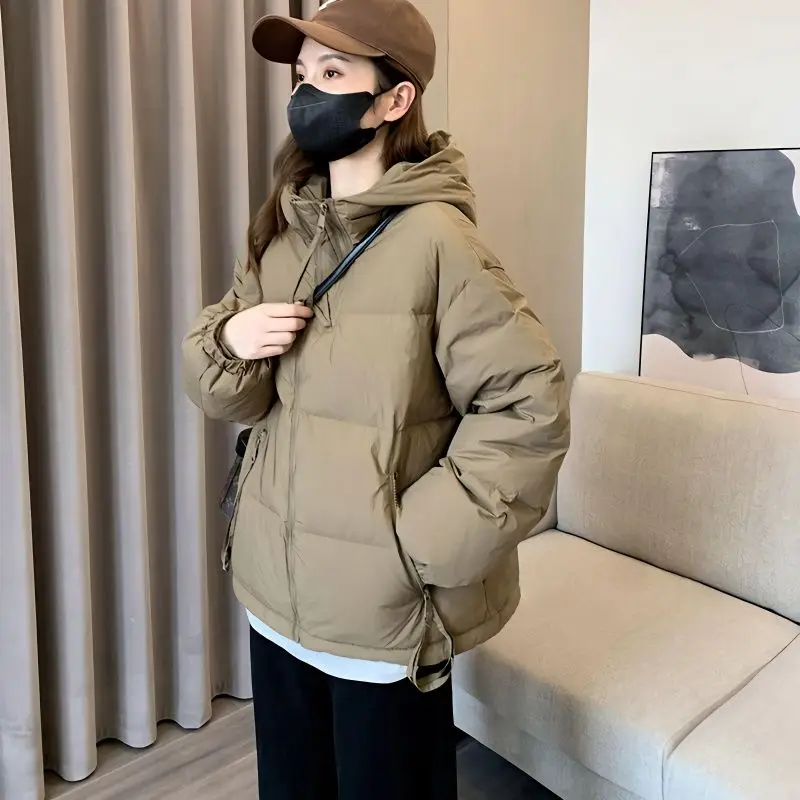 2023 Winter Women Loose White Duck Down Coat Vintage Tops Pocket Female Warm Hooded Puffer Jacket Outer Double Buttons M18