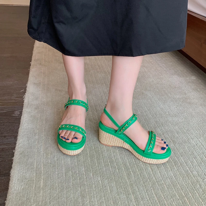 

Green Heels Designer Wedge Sandals Summer Gold Chain Platform High Heels Casual Ladies Office Shoes White Wedges Sendale Femme