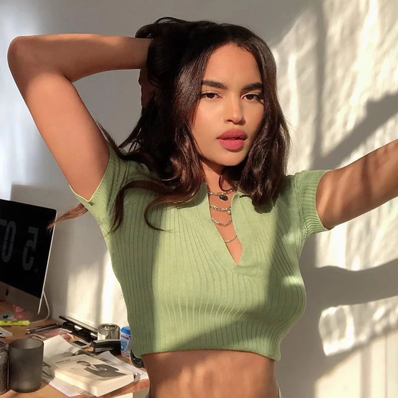 

Fashion Knitted POLO Collar Short Sleeve T-shirts Casual All-match Y2k Street Slim Solid Color Tee Top Summer Women Clothes 2021