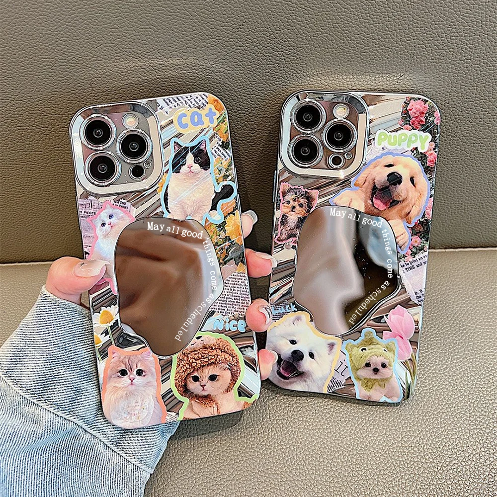 Роскошный чехол для телефона Make UP Mirror Wave iPhone 13 11 16 Pro Max 14 15 12 pro max Dog Cat Animals Painted Cover
