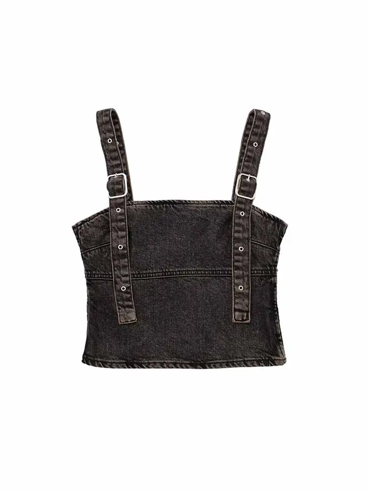 

Women New Fashion Buckle decoration Cropped Cowboy tight Tops Vintage Sleeveless backless Wide Straps Female Waistcoat Chic Tops
