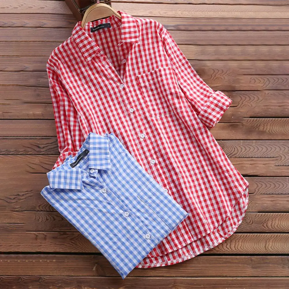 

Lady Fall Shirt Mid Length Spring Blouse Turn-down Collar Lady Summer Top