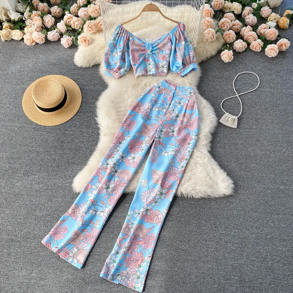 

Set off-the-shoulder bubble sleeve short jacket design sense printed high waist wide-leg pants two-piece suit