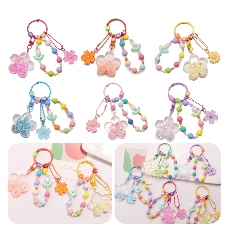 

Candy Color Beaded Flower Keychain Cherry Blossoms Keyring Women Girls DIY Bag Earphone Cover Pendants