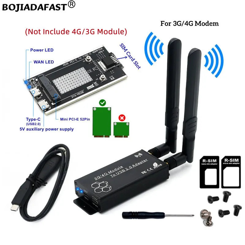 Mini PCI-E PCIe Wireless Adapter SIM Card Slot With Dual Antennas & Protective Enclosure Supports 3G 4G LTE GSM Module