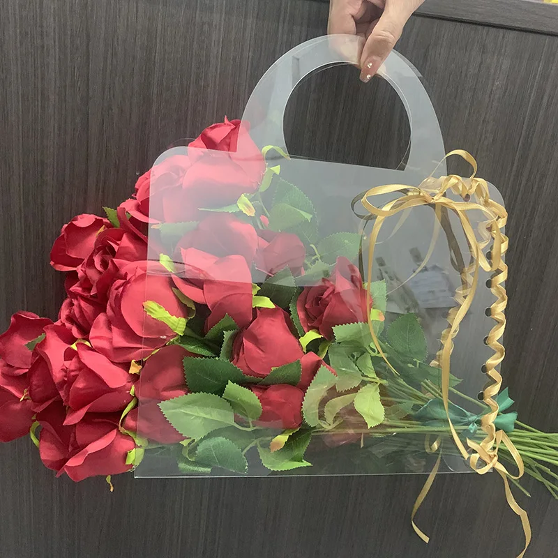 

Transparent Flower Bouquet Bag with Handle Fresh Flower Wrapping Handbag Party Gift Contatiner Packing Bag Wedding Rose Gift Box