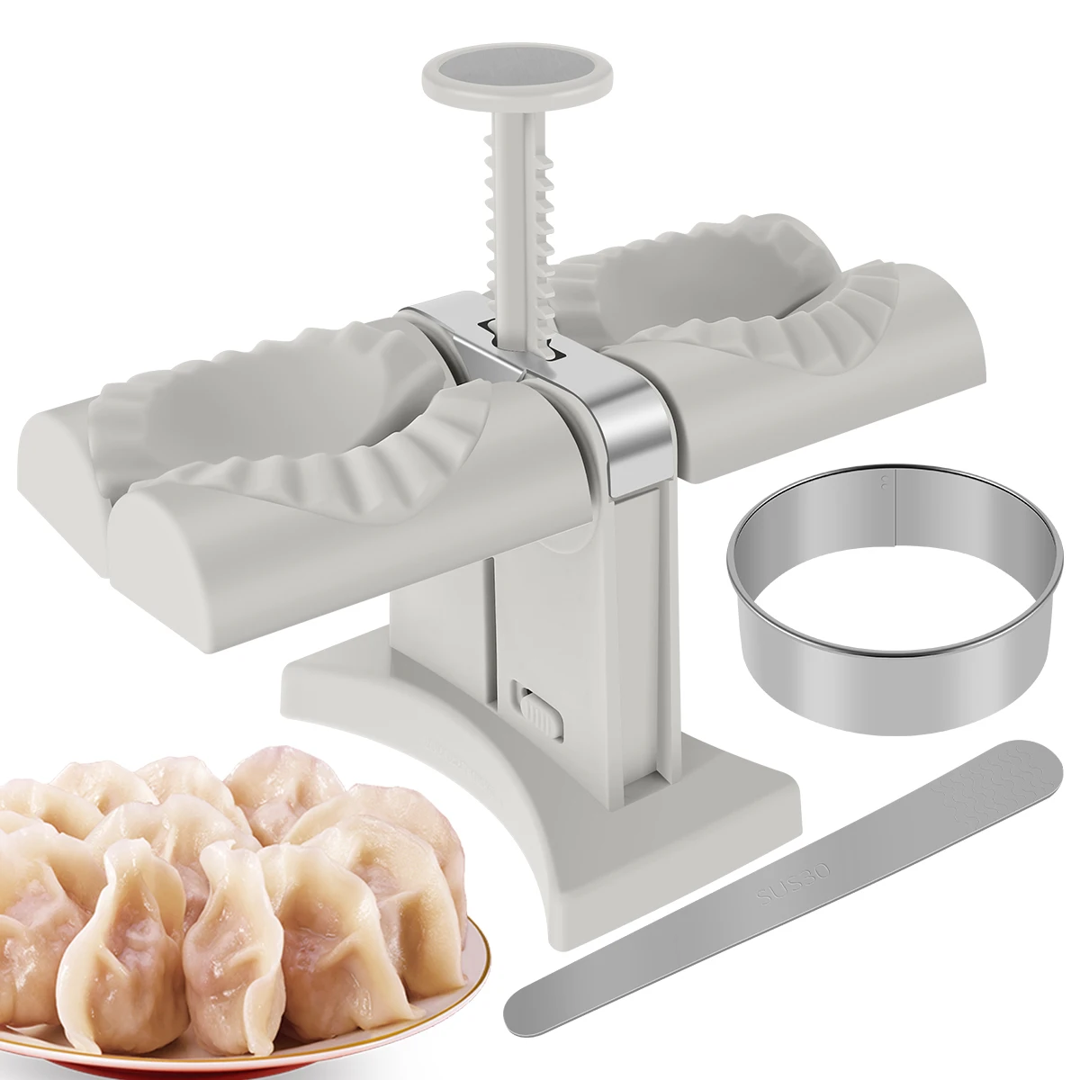 

Dumpling Maker Machine Double Head Automatic Dumpling Maker with Dumpling Cutter Spoon Stainless Steel Dumpling Maker Press