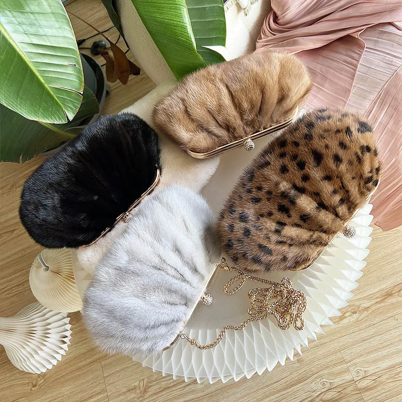 

New Women's Fur Bag Upscale Mink Hair Dinner Bag Fashion Rhinester Diagonal Straddle Leopard Print Bag Women's Luxury Fur Bag