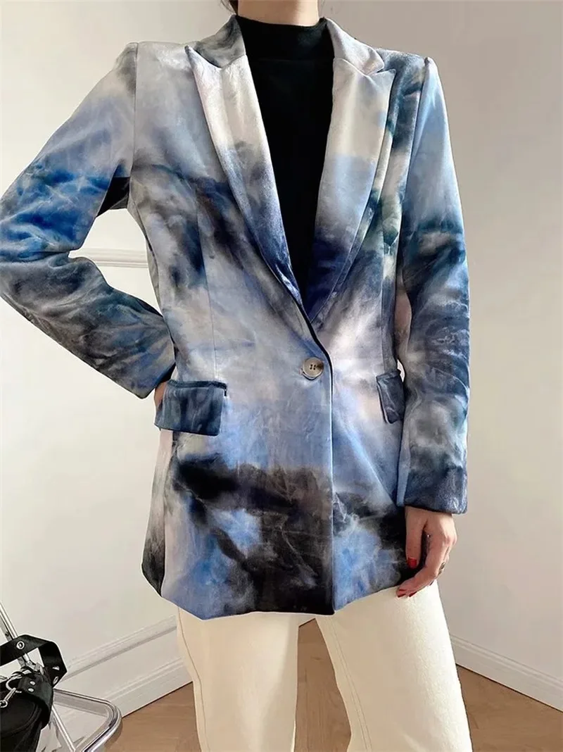 2021 Tie-dye Velvet Mid Length Blazer Suit Women Fashion Print Single Button Blazer Coats Casual Loose Commute Formal Clothing