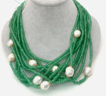 

10 Strands Faceted Rondelle Green Jade White Freshwater Pearl Handmade Necklace