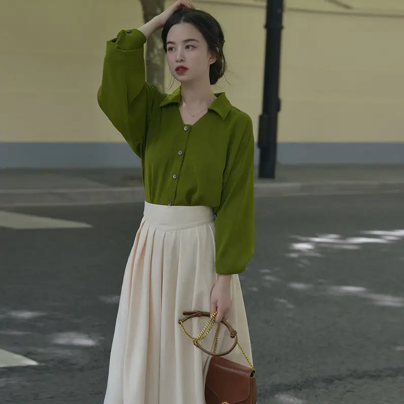 

2022 Spring Autumn Women's New Skirt Suits Female Long-sleeved Loose Blouses and Loose Pleated Skirts Ladies Two Piece Sets R247