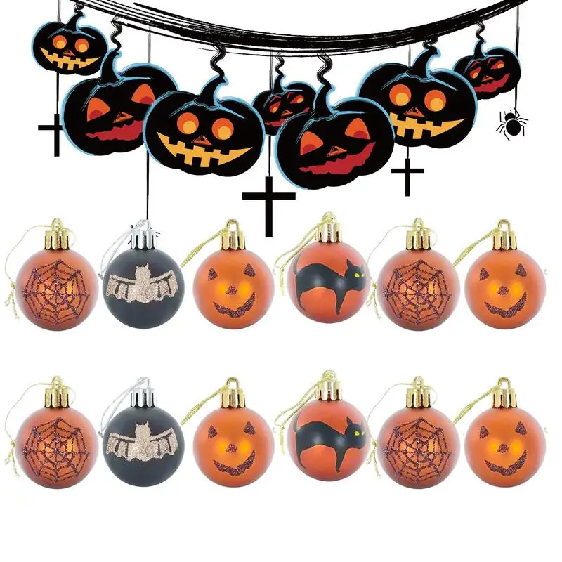 

12 Pcs Halloween Ball Ornaments Plastic Glitter Ball Hanging Pendant Shatterproof Halloween Baubles For Party Decor Accessories