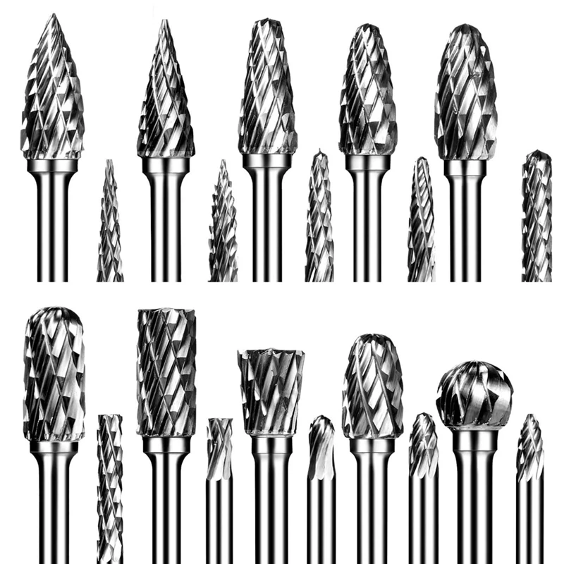 

HLZS-Double Cut Carbide Rotary Burr Set 20Pcs Die Grinder Bits 1/8 Inch Shank Tungsten Carbide Cutting Burrs For Wood Working