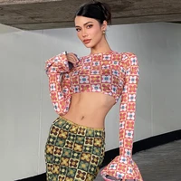 fashion outdoor sexy lady y2k style crop tops 2022 summer women outfits with plaid floral printing hot girl corset flared sleeve