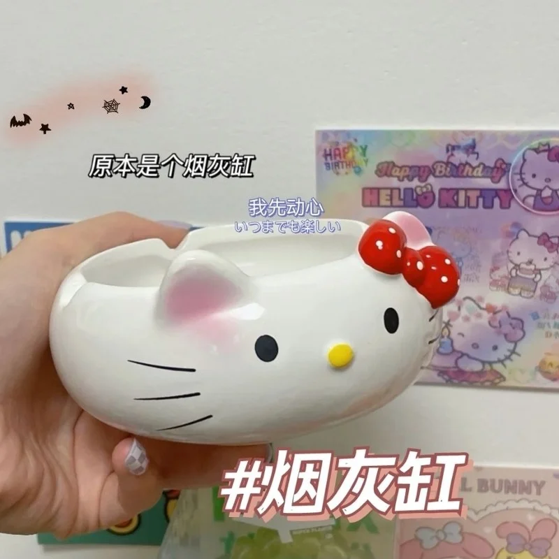 Kawaii Sanrioed Anime Cartoon series HelloKitty cute fashion Cartoon modeling high value girl heart ceramics ashtray supplies