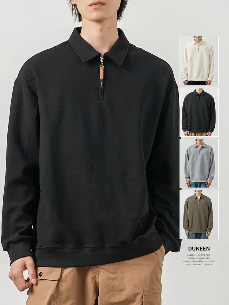 Мужская Однотонная рубашка-поло Dukeen на молнии с длинным рукавом Повседневная