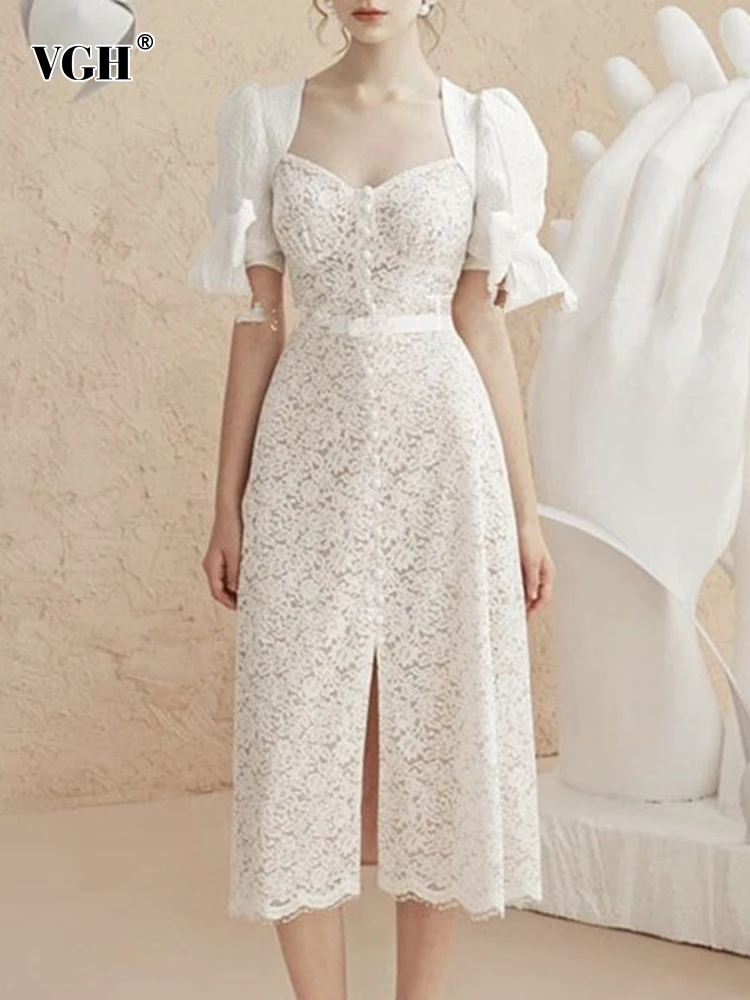

Женское винтажное кружевное платье VGH, миди-платье с квадратным вырезом, коротким рукавом-фонариком и высокой талией, 2022