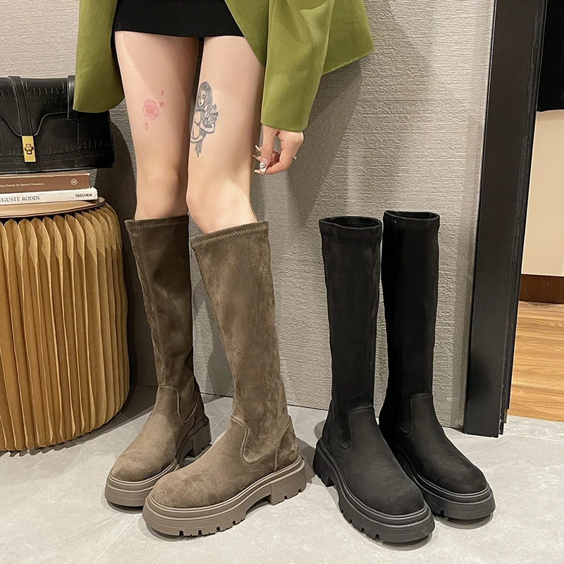 

Сапоги женские на высоком каблуке, выше колена, с круглым носком