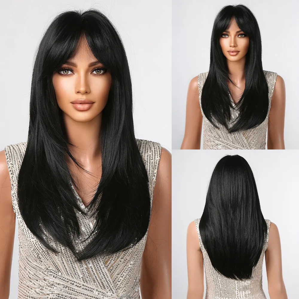 EASIHAIR Black Synthetic Wigs Natural Hair Long Straight Cosplay Layered Wig with Long Bangs for Women Afro Daily Heat Resistant