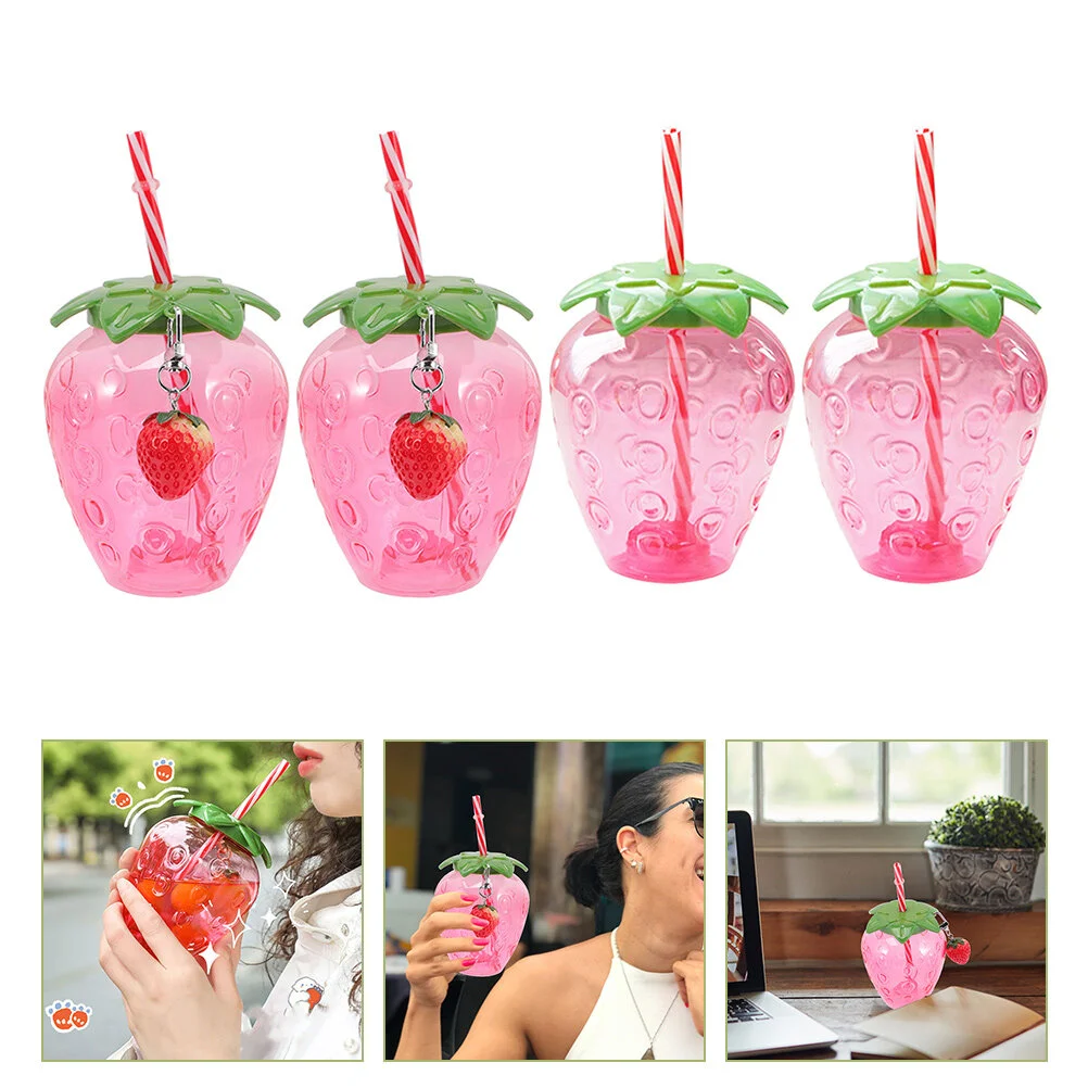 

4 Pcs Student Cup Cute Straw Milk Drinking Coffee Tumblers Party Favors The Summer Students Pp Plastic Strawberry