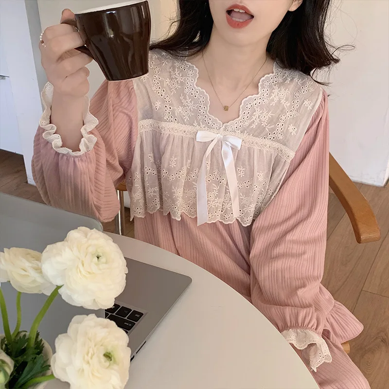 Yasuk Spring Autuum 2023 Women's Casual Sleepwear Homewear Sexy  Lovely Sweet Pink Girl Pajamas With Pants Soft Lace Bow Gentle