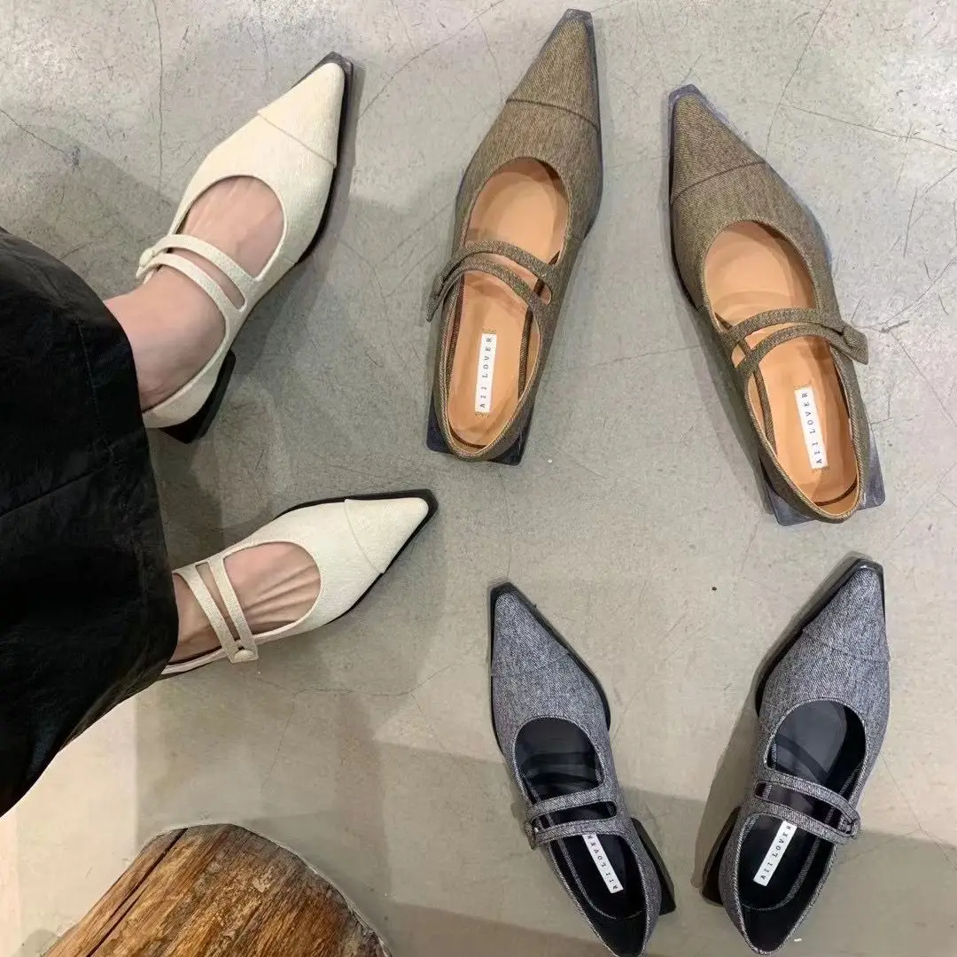 

Pointed Toe Women Mary Janes Ladies Flat Low Heels Grey Beige Brown Belt Buckle Fashion Party Pumps Daily Shoes Size 35-39