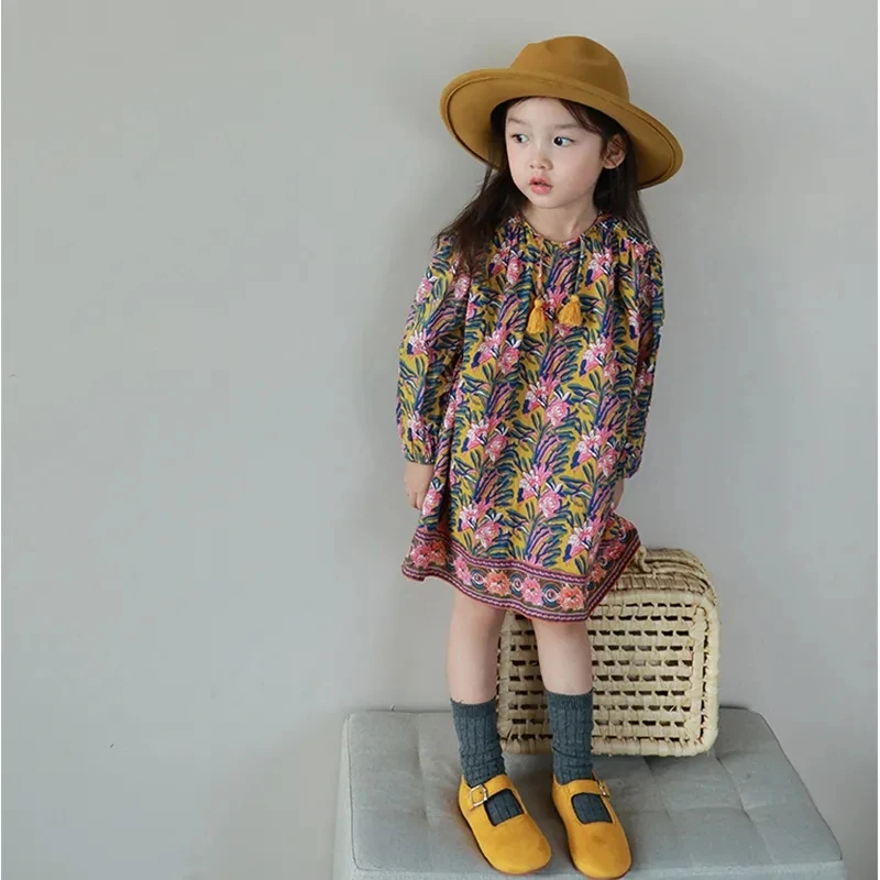 

2-10 Years Kids Long Sleeve Floral Dresses for Girls Casual Loose Princess Dress Toddler Baby Outfits Children Fall Basic Tops