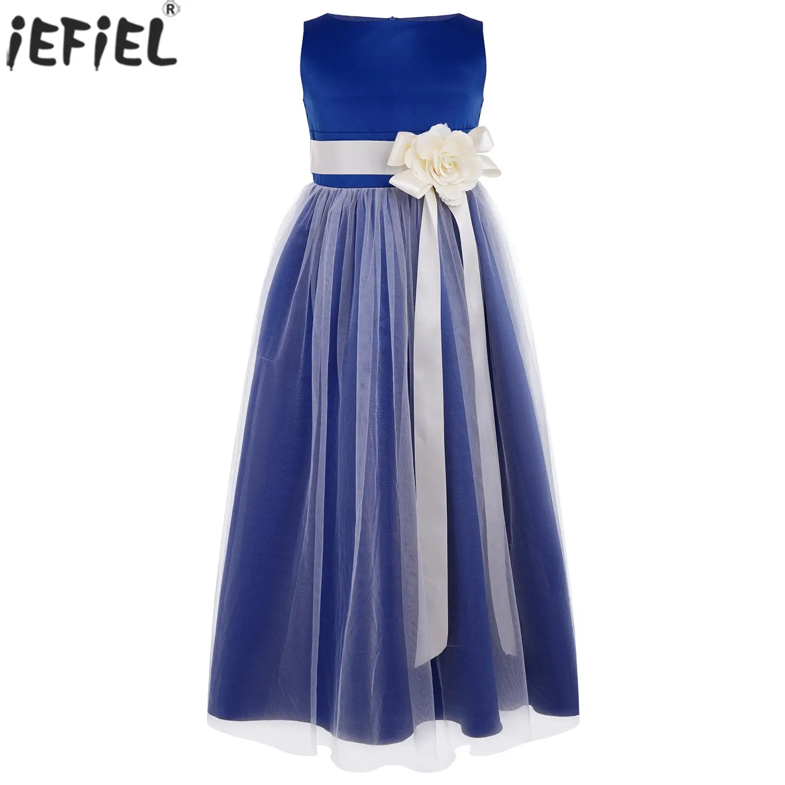 

Kids Flower Girls Dress 3D Applique Ribbon Satin Party Dress Tube Top Sleeveless Tulle Maxi Dress for Child Evening Wedding Wear