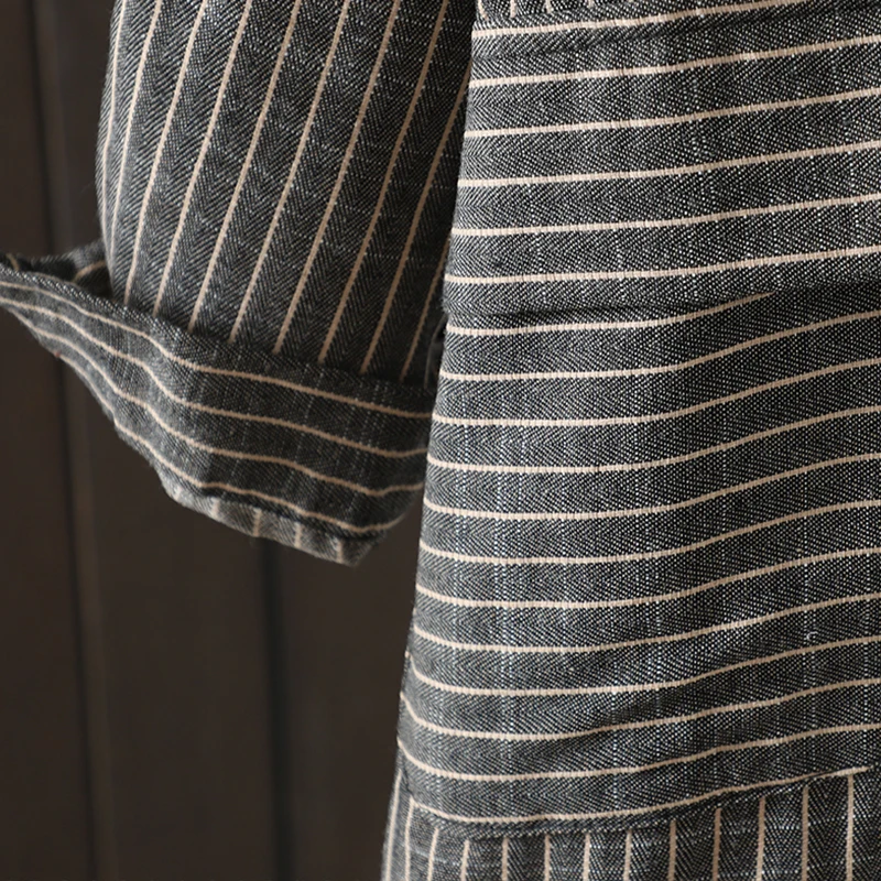 Хлопково-льняное полосатое платье-рубашка женское в корейском стиле элегантная