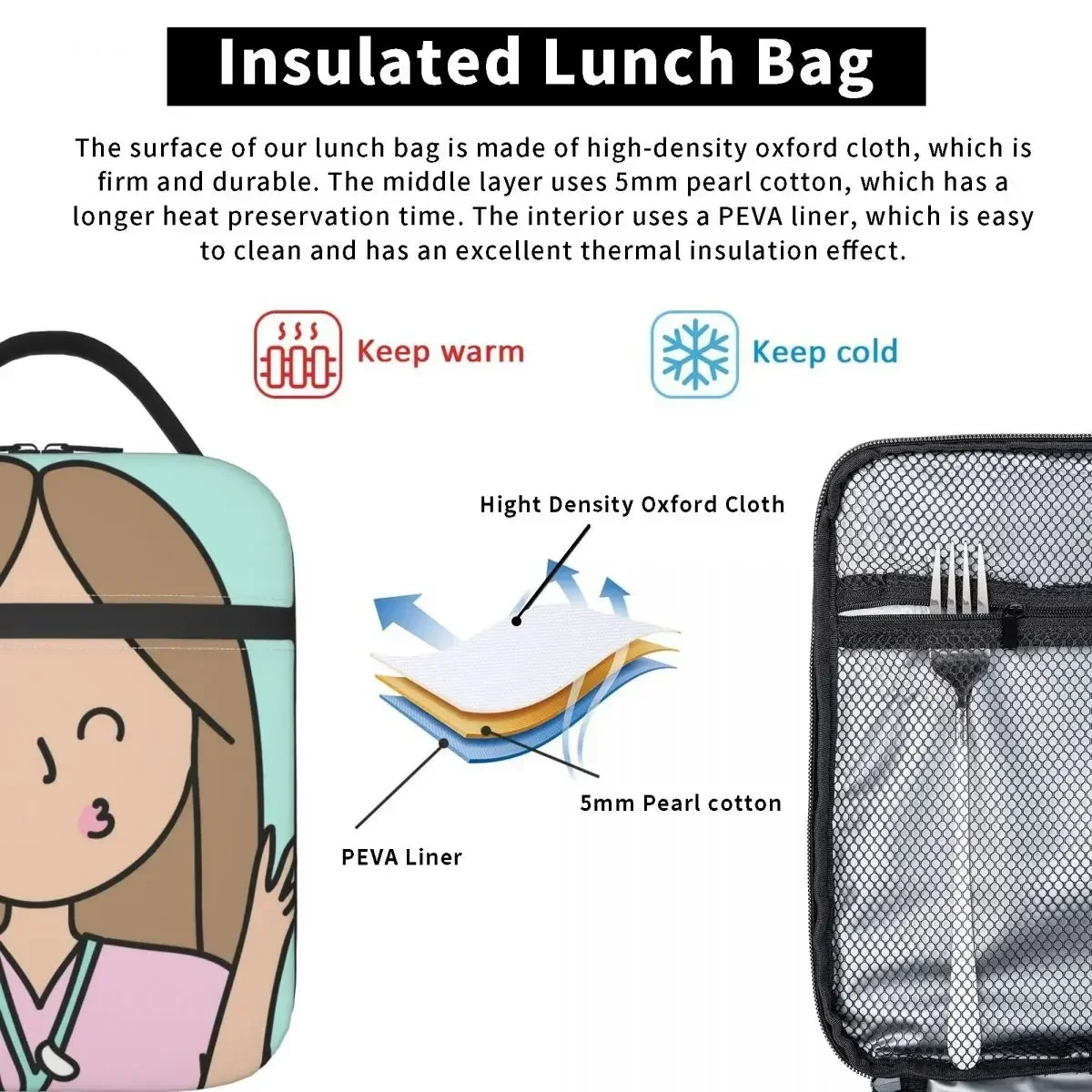 Изолированные сумки для ланча мультяшный доктор медсестра большая сумка