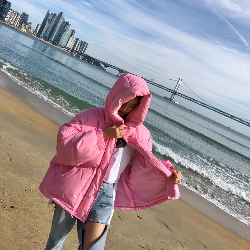 2023 Winter New Women Cotton Coat Loose Solid Sweet Female Office Lady Outwear Bubble Coat Hooded Warm Pocket Elegant Ins Jacket