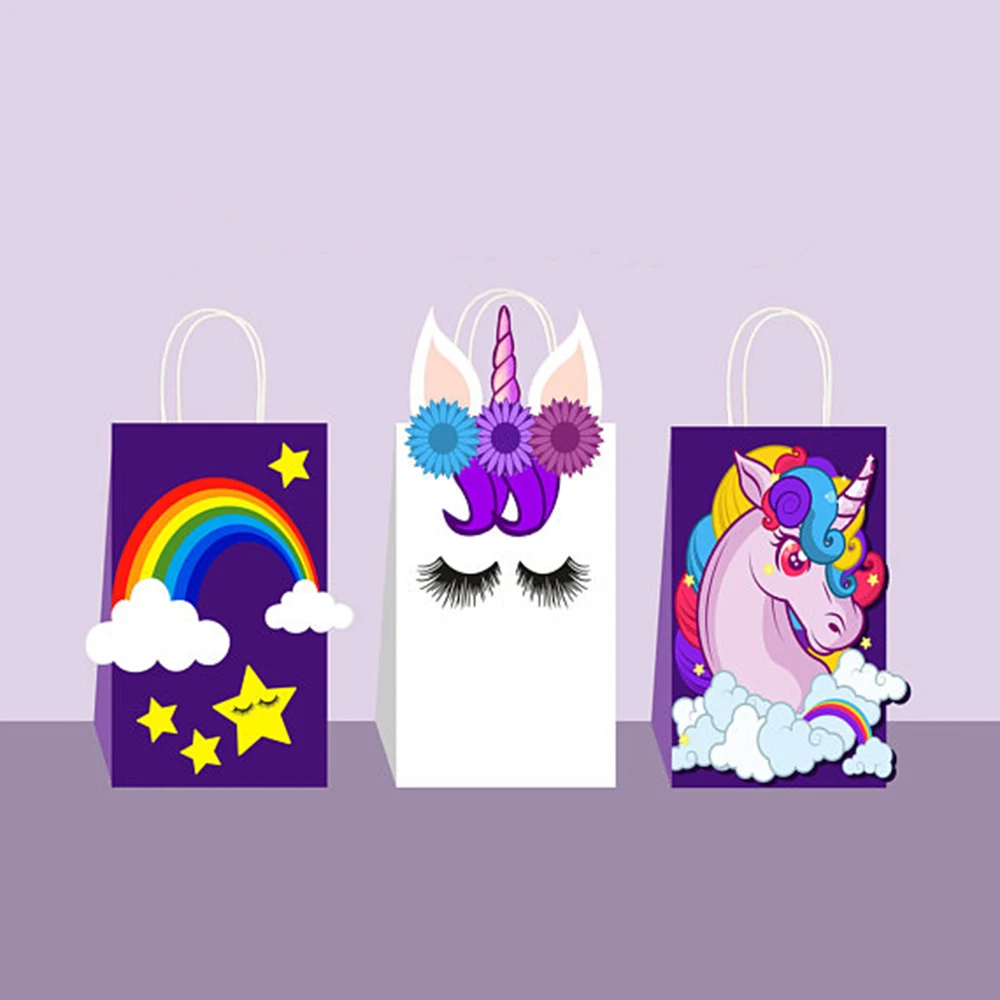 

BD003 12Pcs Kids Cartoon Unicorn Rainbow Birthday Party Portable Candy Pack Paper Tote Paper Gift Bags Baby Shower Party Favors