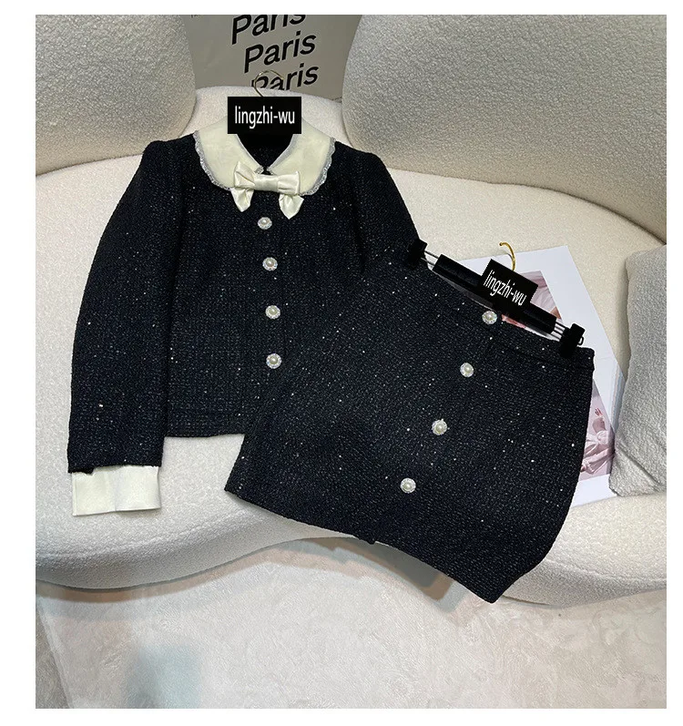Lingzhi-wu женский твидовый комплект 2024 осенний черный пиджак юбка костюм с блестками