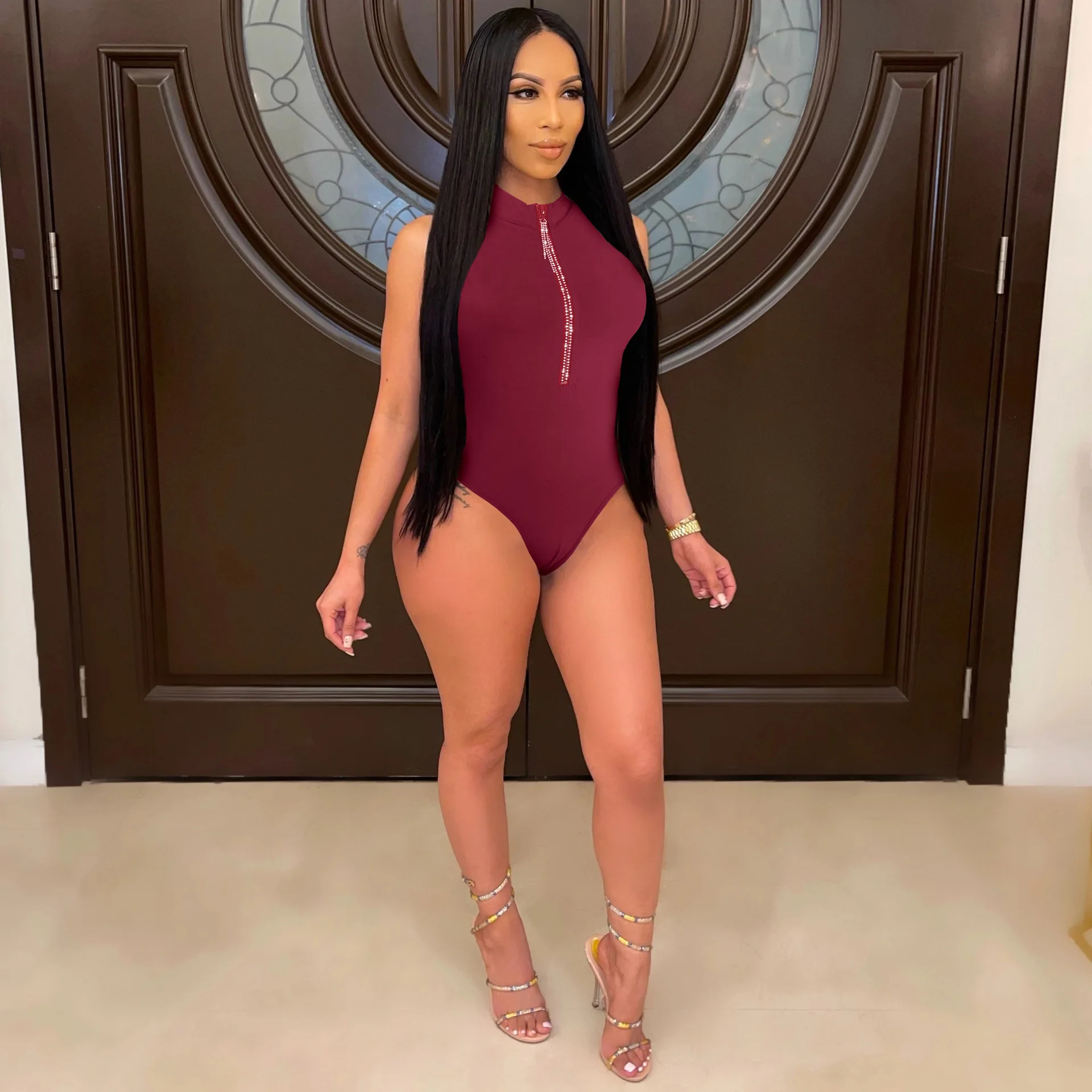 

Wishyear 2022 Rhinestone Fringed Zipper Bodysuit Sexy Club Outfits Black Sleeveless Tops for Women Fashion Clothing