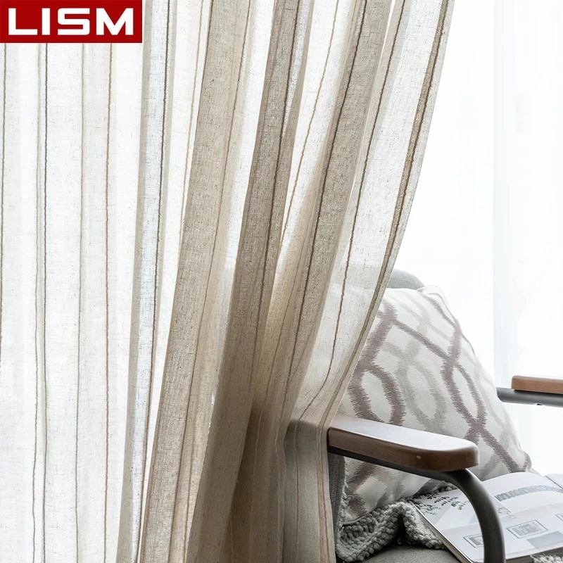 

LISM Flax Linen Textured Sheer Curtains Japanese Style Stripe Window Sheers Living Room Kitchen Decoration Light Filtering Drape