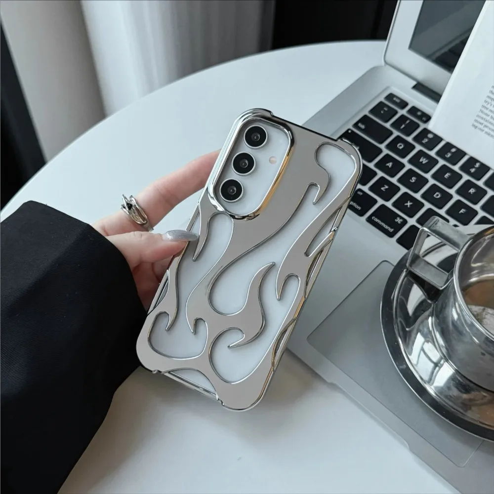 Electroplating 3D Flame Pattern Phone Case for Samsung Galaxy S25 S24 S23 S22 Ultra A55 A16 A06 A15 A54 Frosted Shockproof Cover