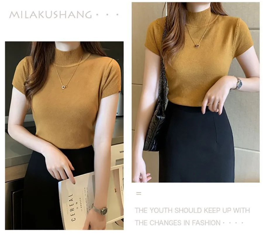 Женский топ летняя женская тонкая рубашка с полувысоким воротником футболка