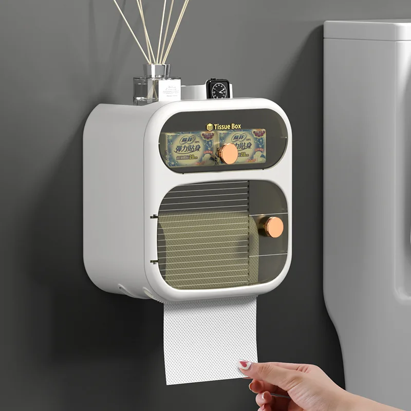

2023 New Toilet Paper Holder Wall Mounted Waterproof Plastic Paper Towels Holder Bathroom Shelf Storage Box Toilet Roll Holder