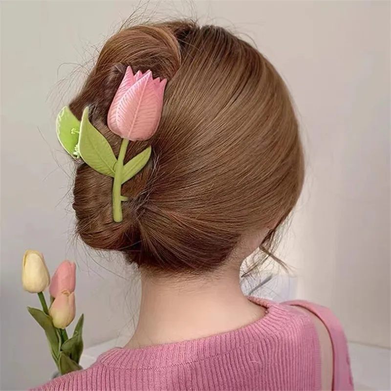 

Cute Summer Tulip Flower Acrylic Hair Clip For Women Girls Sweet Ponytail Hair Claw Shark Hairpin Barrettes Hair Accessories